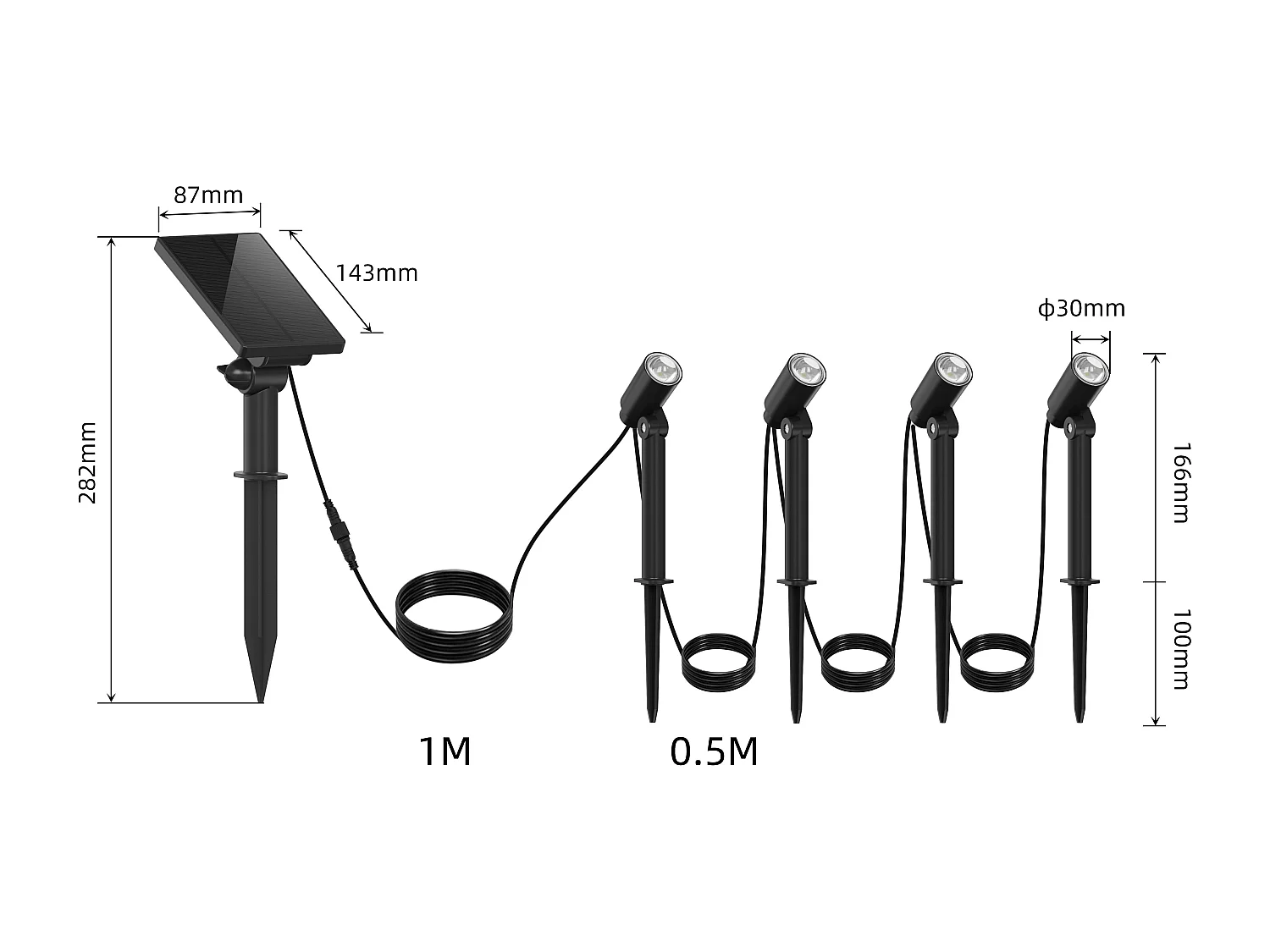 Lot de 4 Spots solaires LED ROUNDY MINI Noir Plastique H27cm