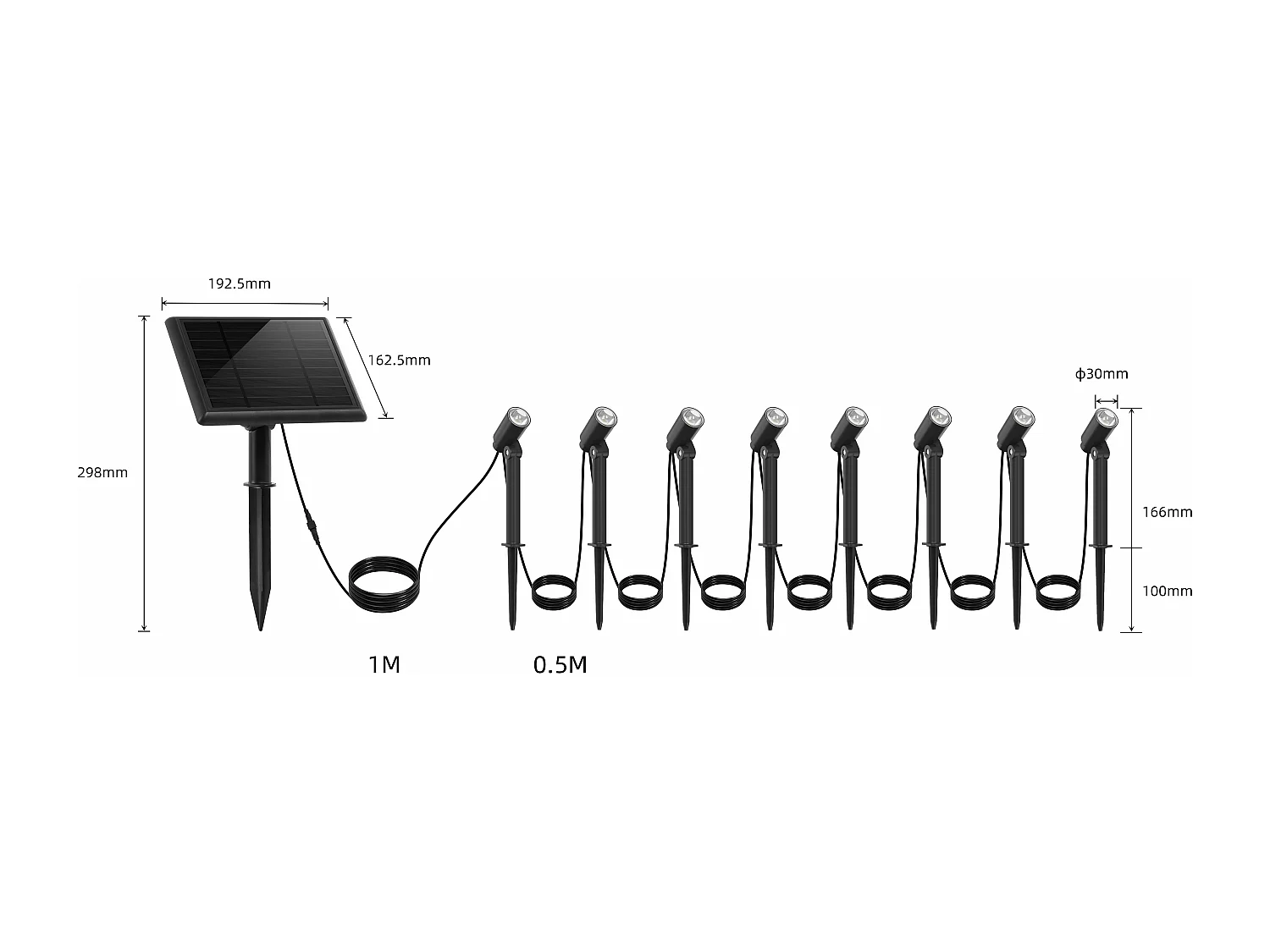 Lot de 8 Spots solaires LED MINI ROUNDY Noir Plastique H27cm