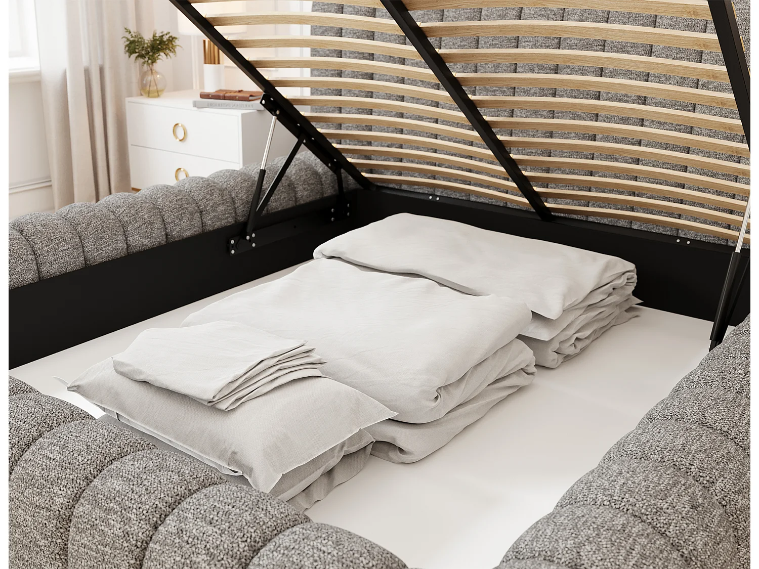 Lit coffre Madera prestige – Revêtement tissu tapissé-Couleur Gris chiné-140x200