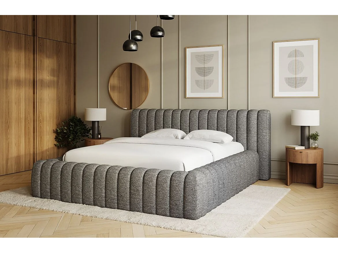 Lit coffre Madera prestige – Revêtement tissu tapissé-Couleur Gris chiné-140x200