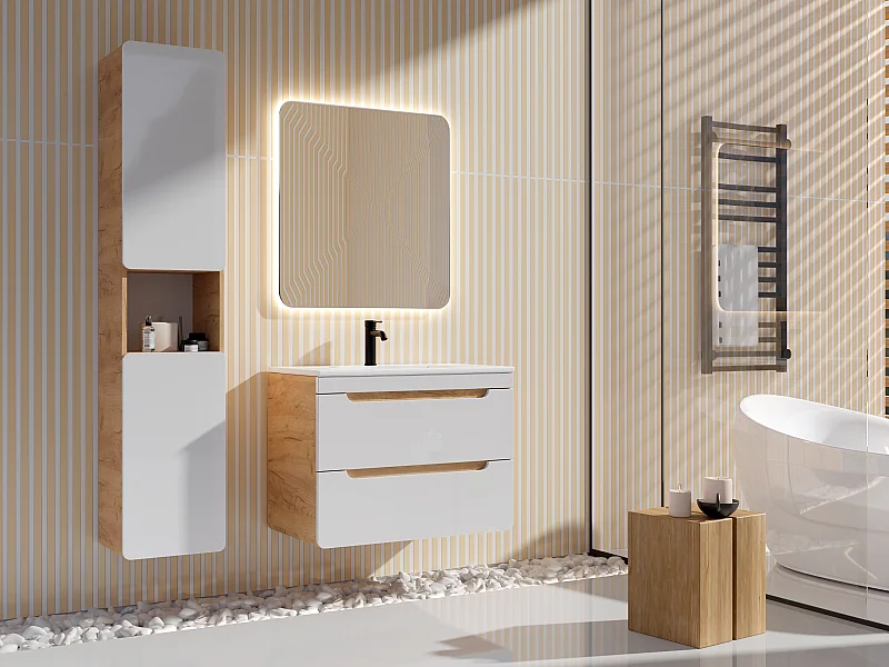 Badkamerkolom, naturel en wit - L35 x B32 x H170 cm - ARUBA