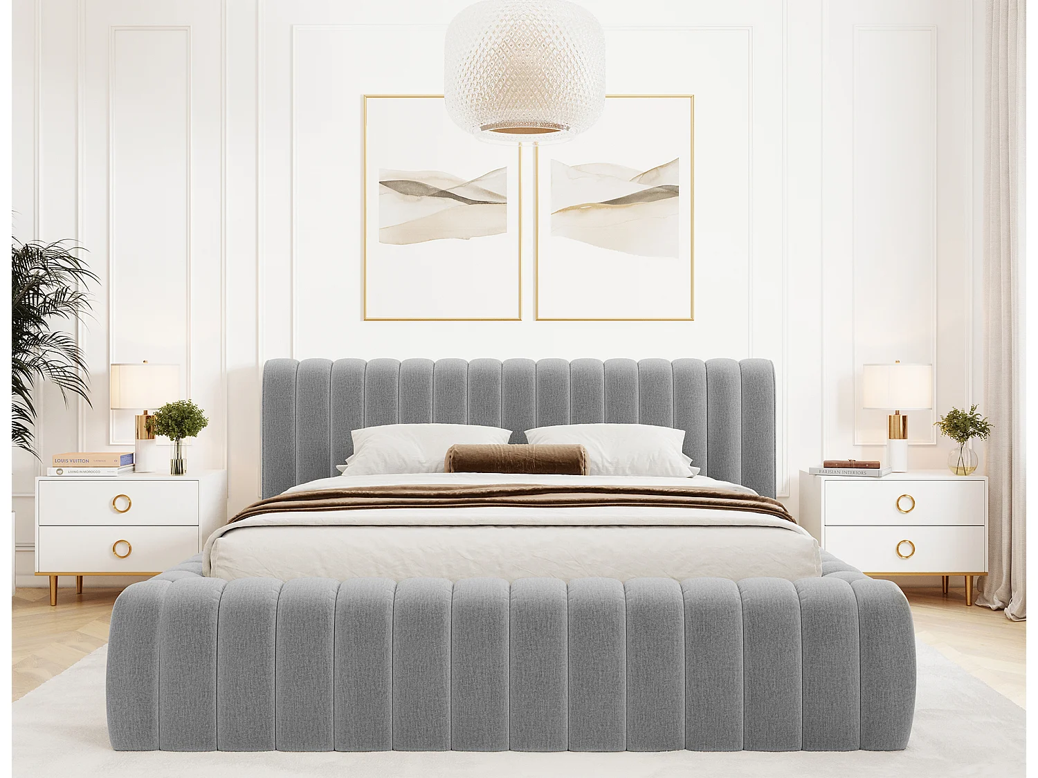 Lit coffre Madera prestige – Revêtement tissu tapissé-Couleur Gris clair-160x200