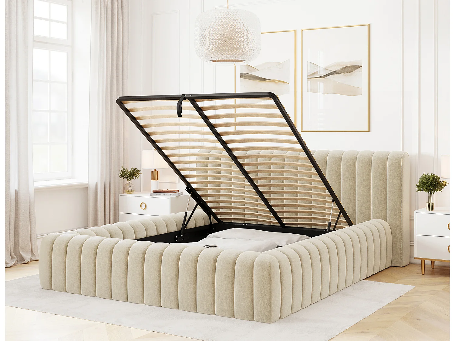 Lit coffre Madera prestige – Revêtement tissu tapissé-Couleur Beige clair-180x200