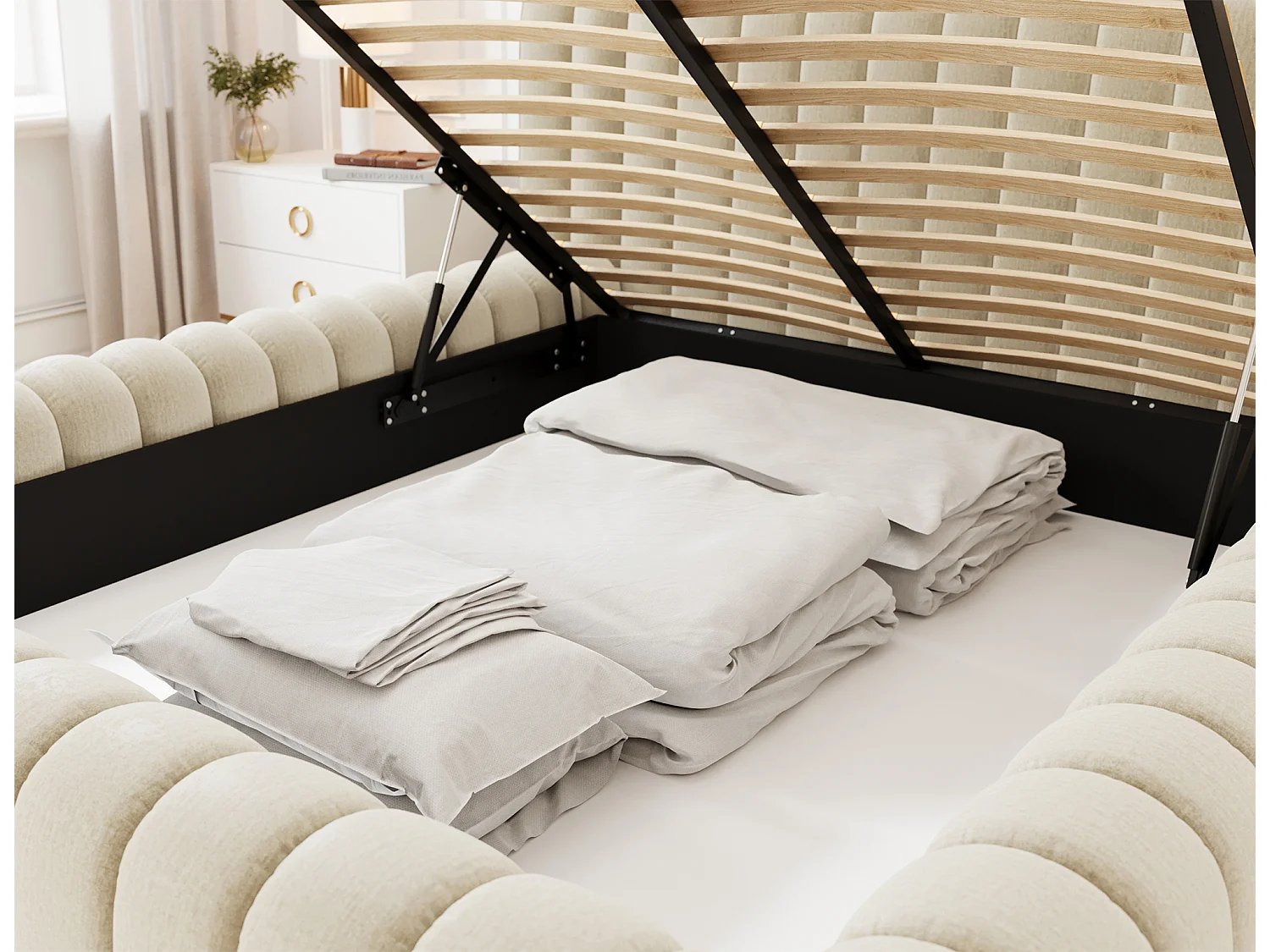 Lit coffre Madera prestige – Revêtement tissu tapissé-Couleur Beige clair-180x200