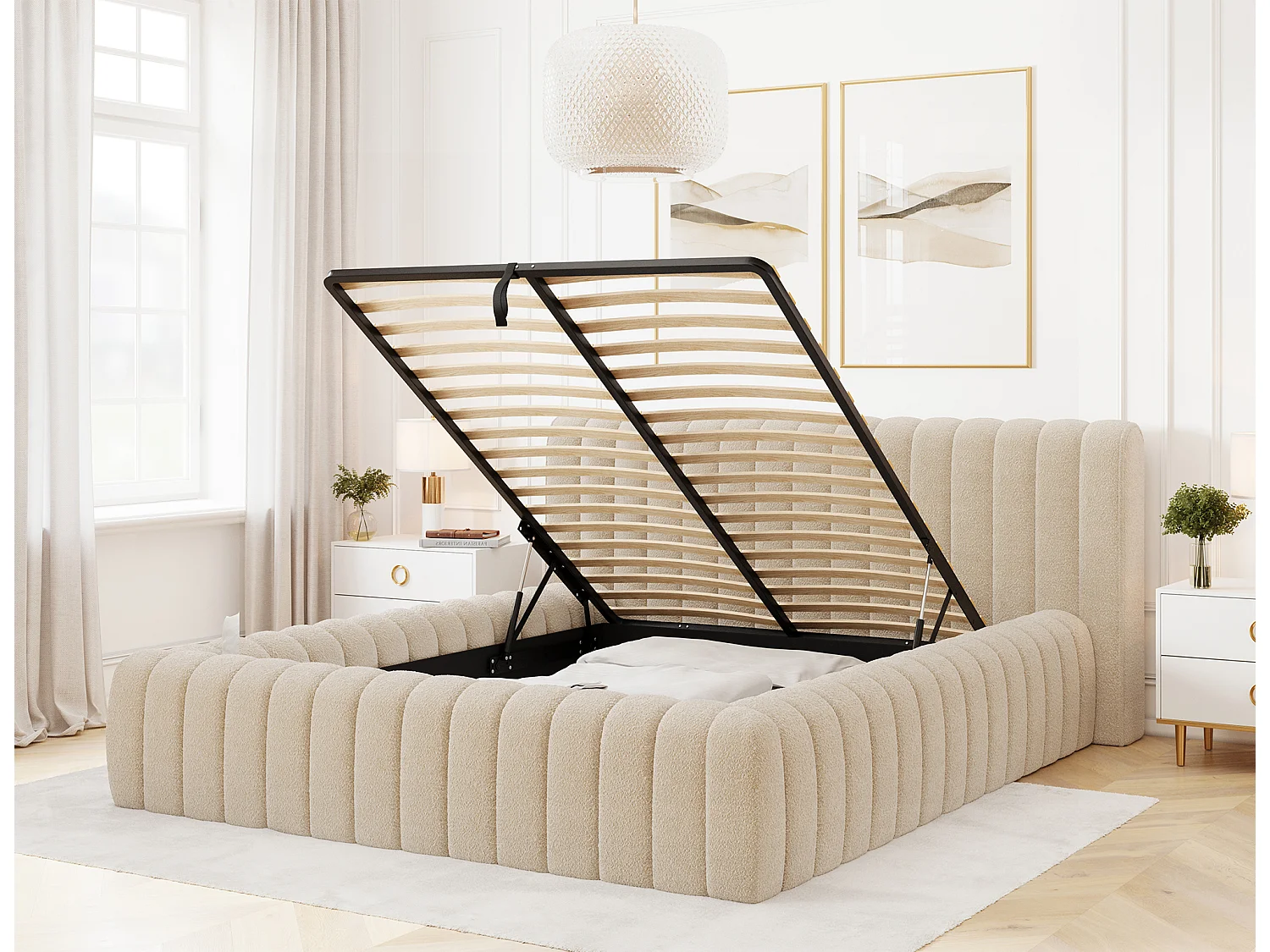 Bett Joya M (160x200)/Stoffbezug-Bouclé/Beige