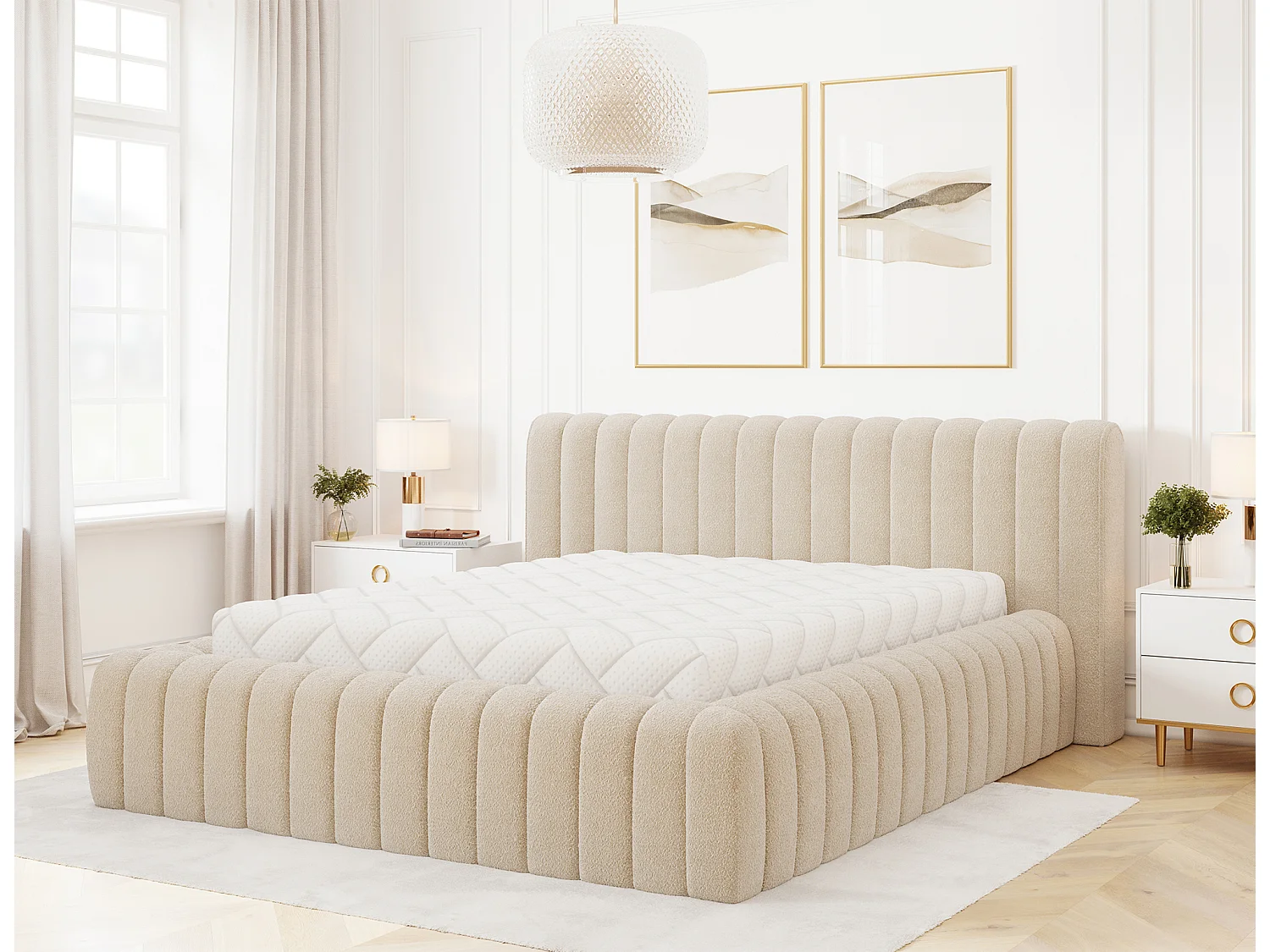 Lit coffre Madera prestige – Revêtement tissu tapissé-Couleur Beige-140x200