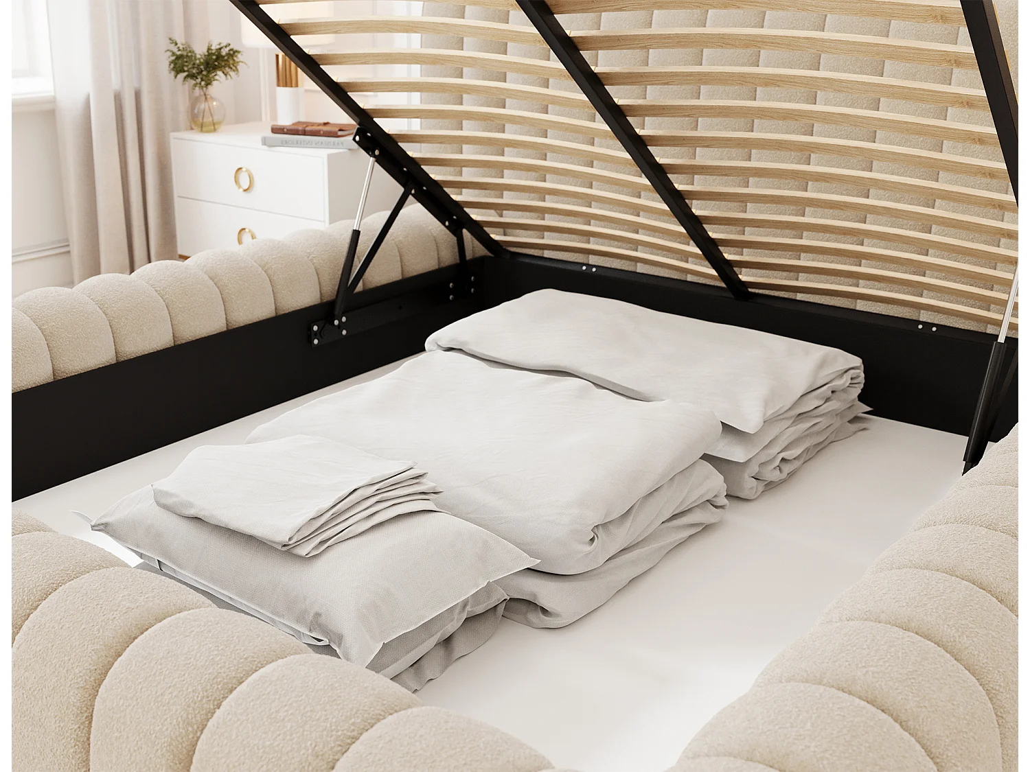 Lit coffre Madera prestige – Revêtement tissu tapissé-Couleur Beige-140x200