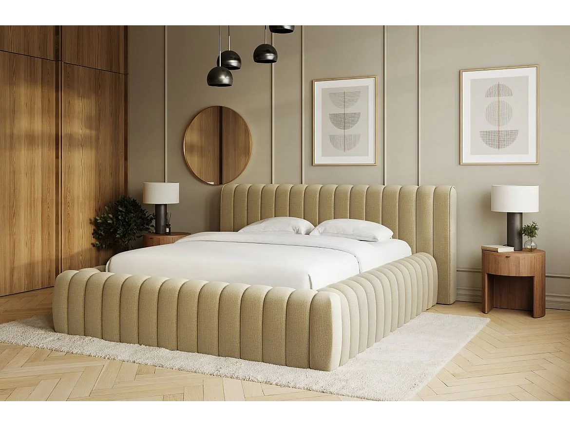 Lit coffre Madera prestige – Revêtement tissu tapissé-Couleur Beige clair-160x200