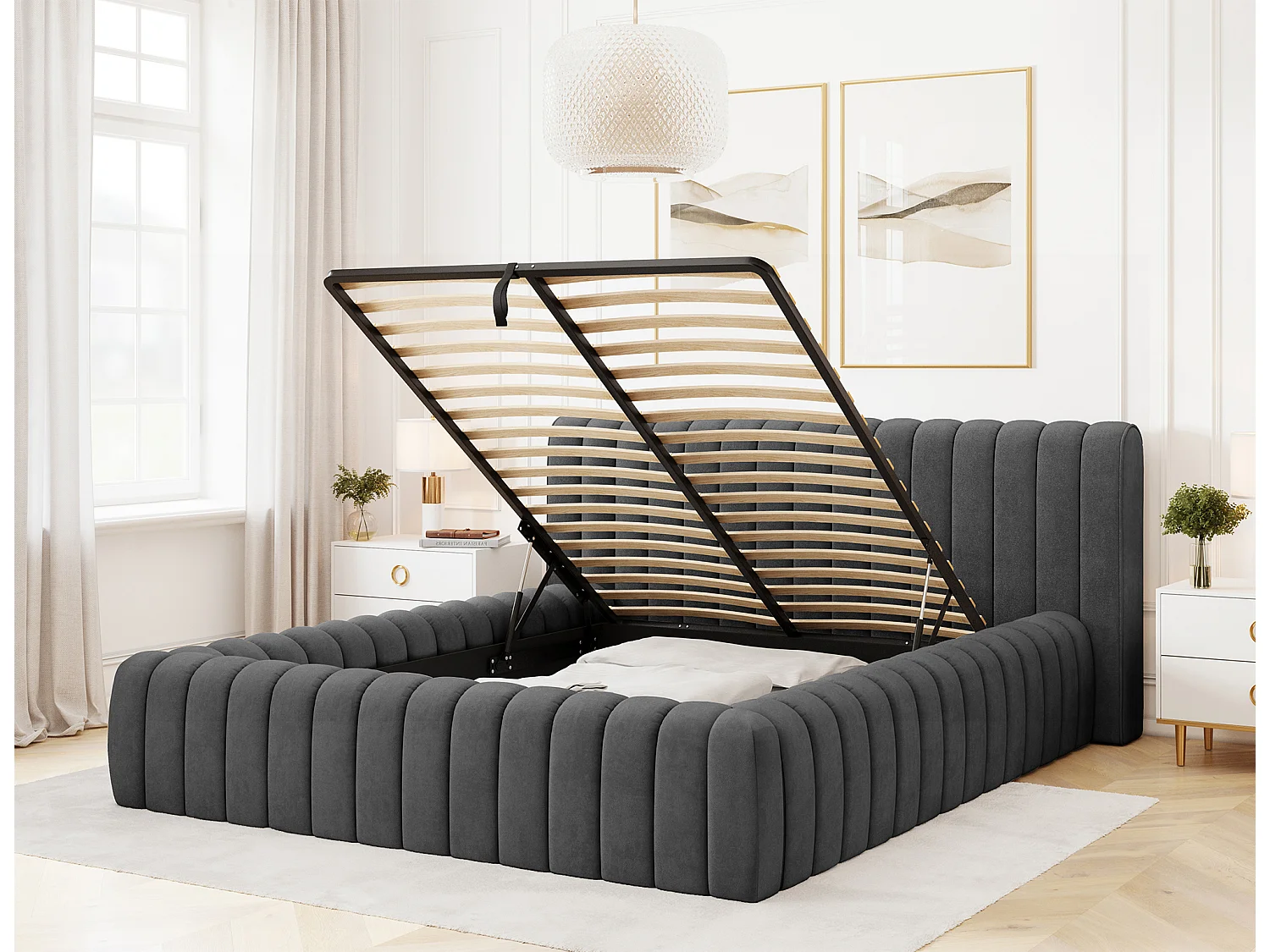 Lit coffre Madera prestige – Revêtement tissu tapissé-Couleur Gris anthracite-140x200