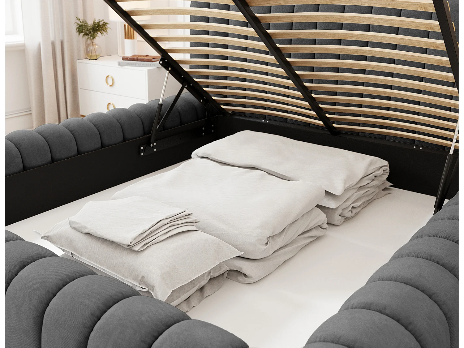 Lit coffre Madera prestige – Revêtement tissu tapissé-Couleur Gris anthracite-140x200