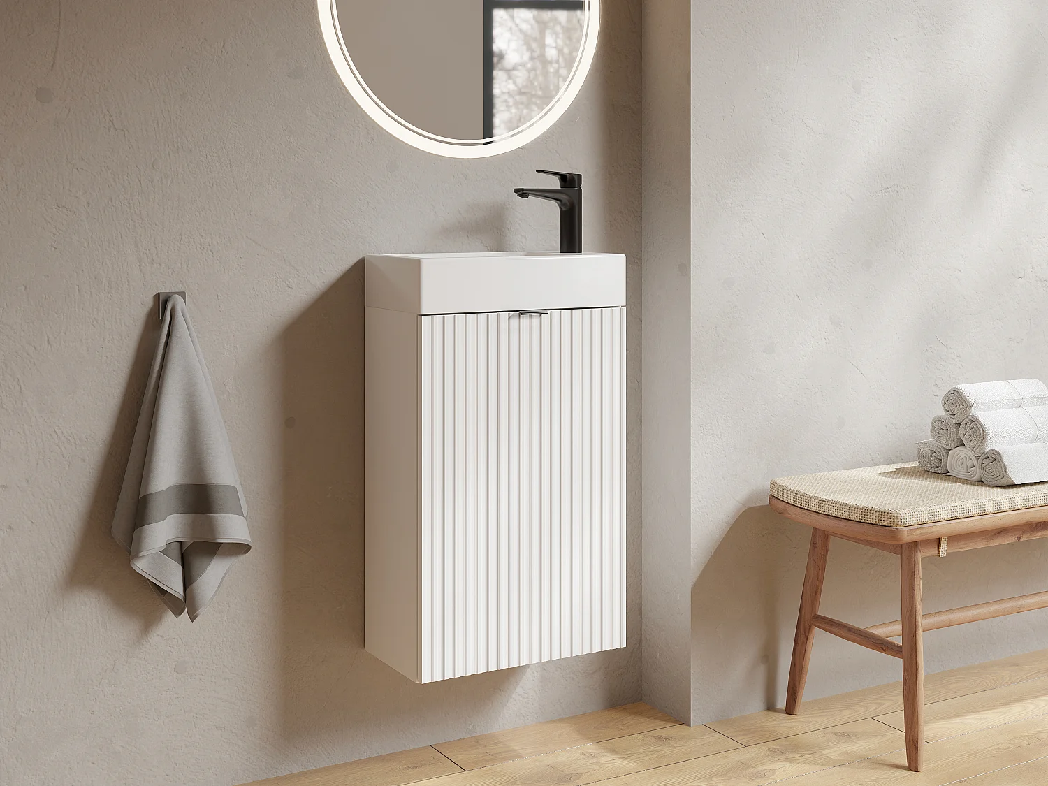 Meuble pour lave main strié porte réversible blanc - H60 x L40 x P22 - VAHIRA