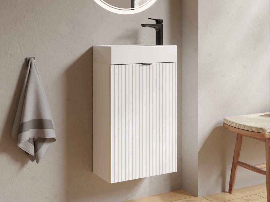 Meuble pour lave main strié porte réversible blanc - H60 x L40 x P22 - VAHIRA