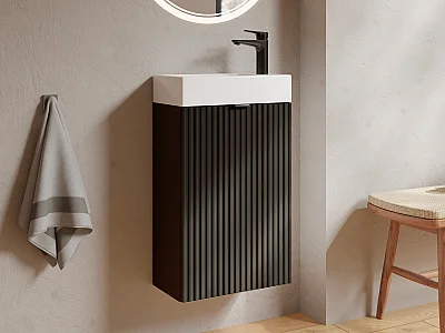 Fluted cloakroom basin unit with reversible door - black - H60 x L40 x D22 cm - VAHIRA