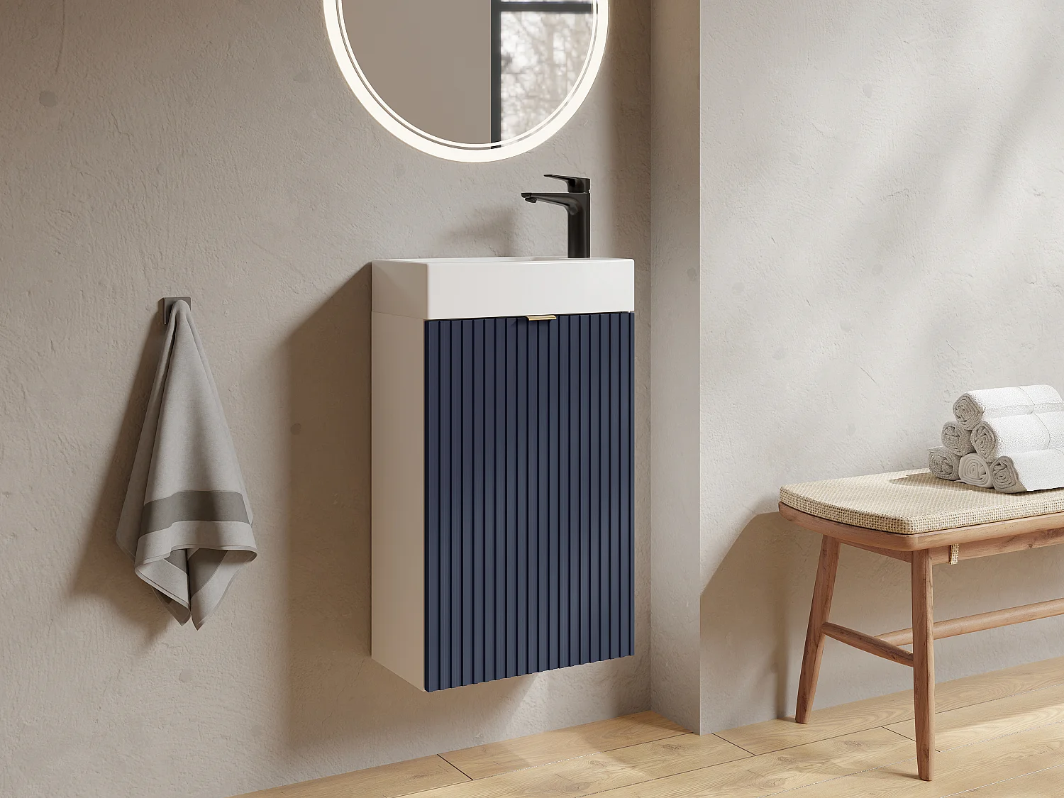 Meuble pour lave main strié caisson blanc et porte réversible bleue - H60 x L40 x P22 - VAHIRA