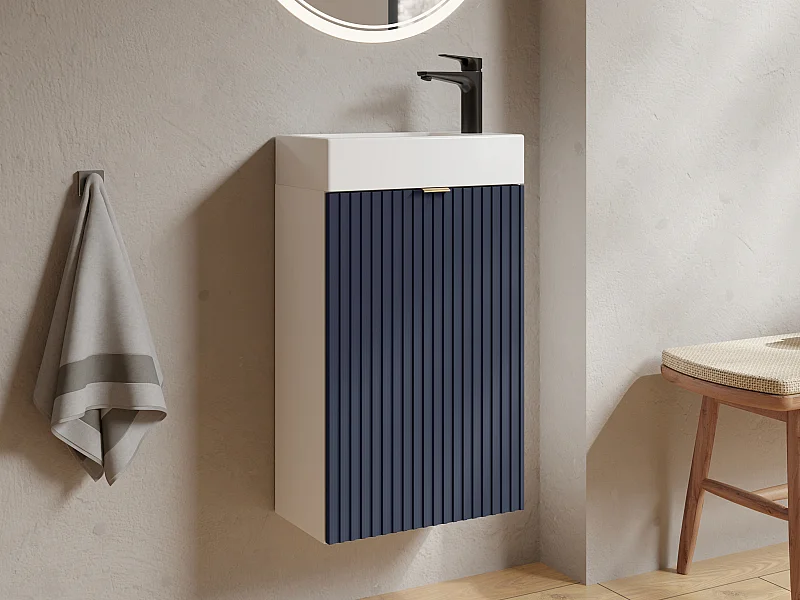 Handwaschbeckenschrank geriffelt - Weißer Korpus & wendbare blaue Tür - 60 x 40 x 22 - VAHIRA