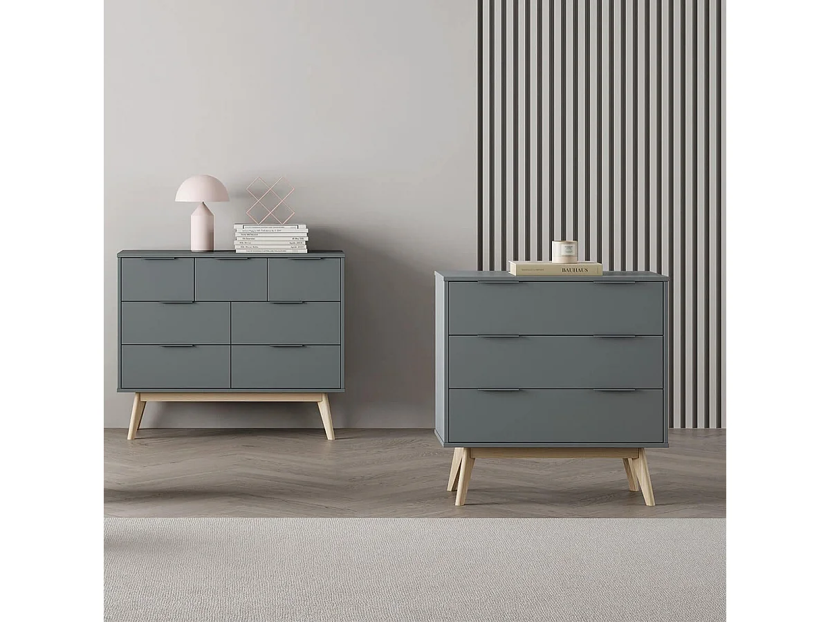 CANACA - Commode 3 Tiroirs Scandinave MDF et Pin Massif Gris Vert