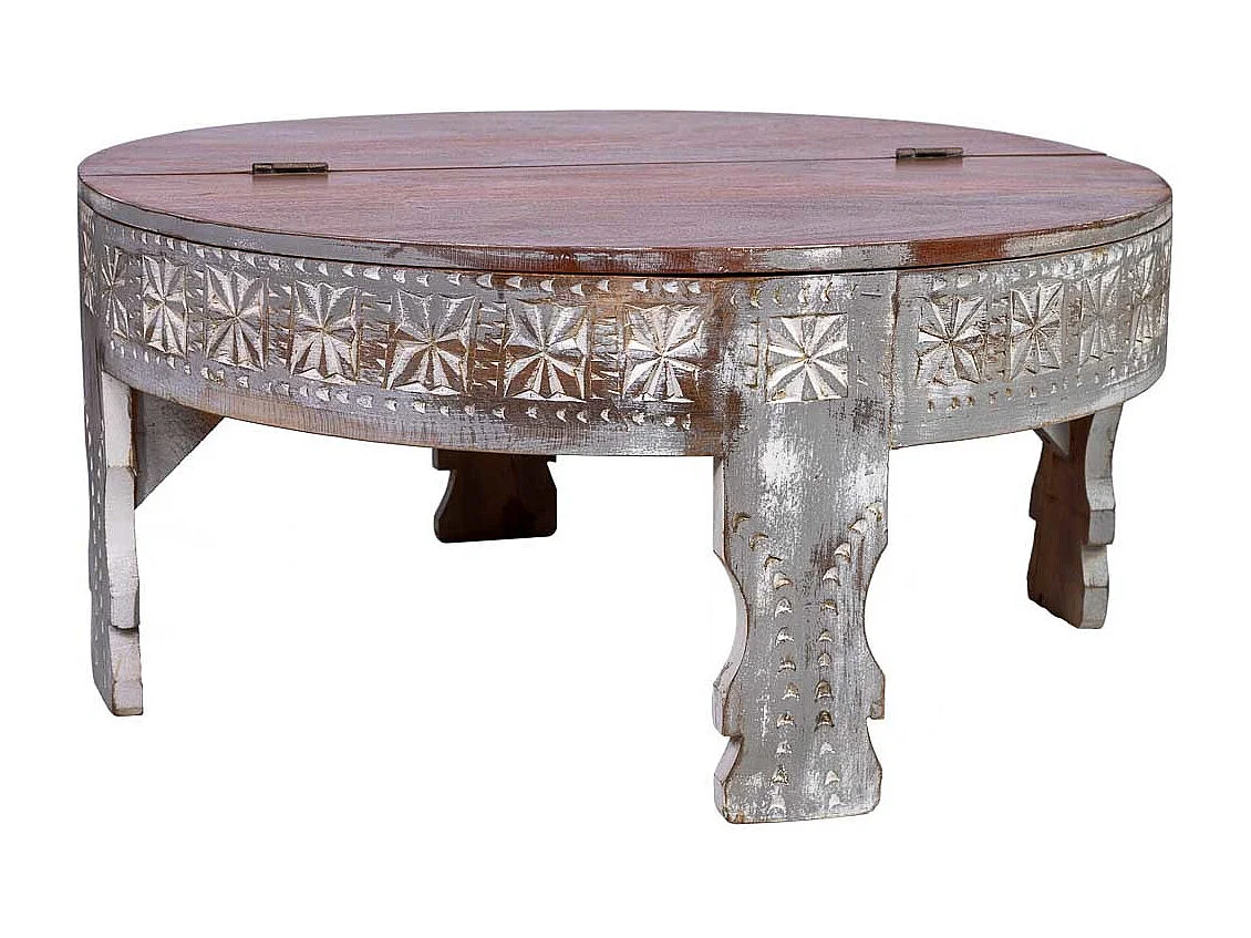 Runder Couchtisch aus geschnitztem Holz mit gealterter handwerklicher Verarbeitung, 80 x 80 x 41 cm