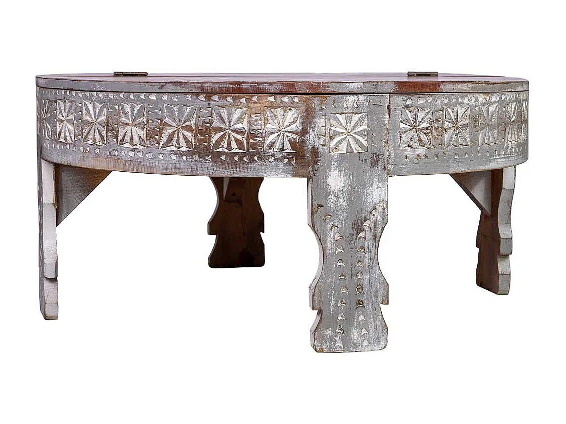 Runder Couchtisch aus geschnitztem Holz mit gealterter handwerklicher Verarbeitung, 80 x 80 x 41 cm