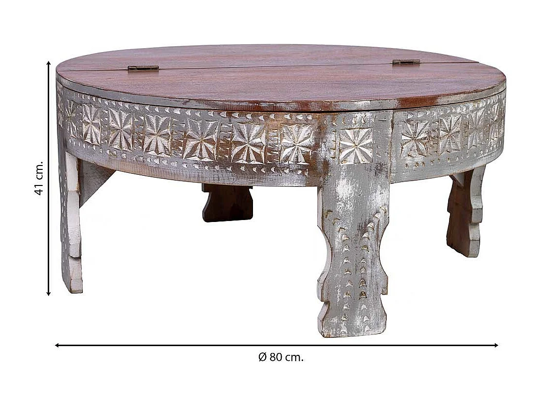 Runder Couchtisch aus geschnitztem Holz mit gealterter handwerklicher Verarbeitung, 80 x 80 x 41 cm
