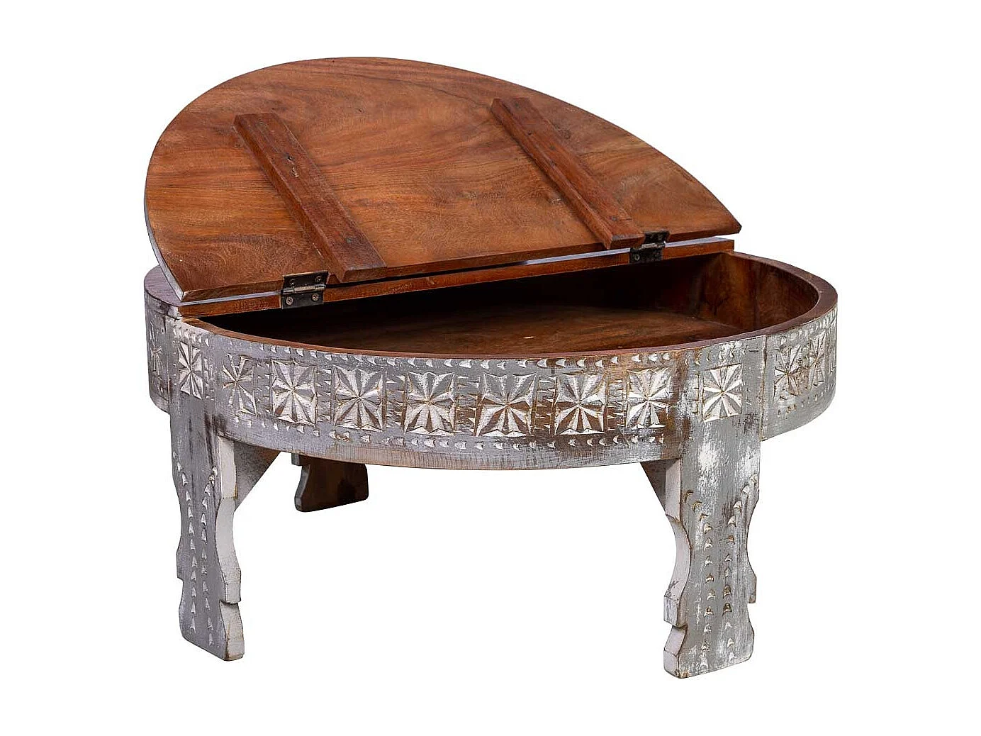 Mesa de centro redonda em madeira trabalhada com acabamento artesanal envelhecido 80x80x41