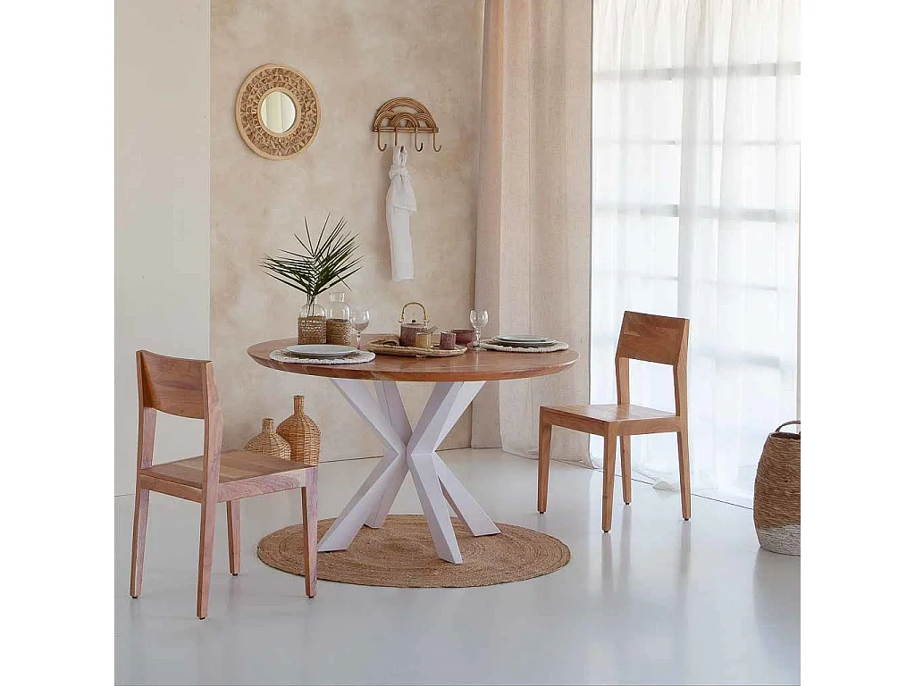 Mesa de jantar redonda Swiss Edge com perna de aranha suíça em madeira natural/branca D130x77