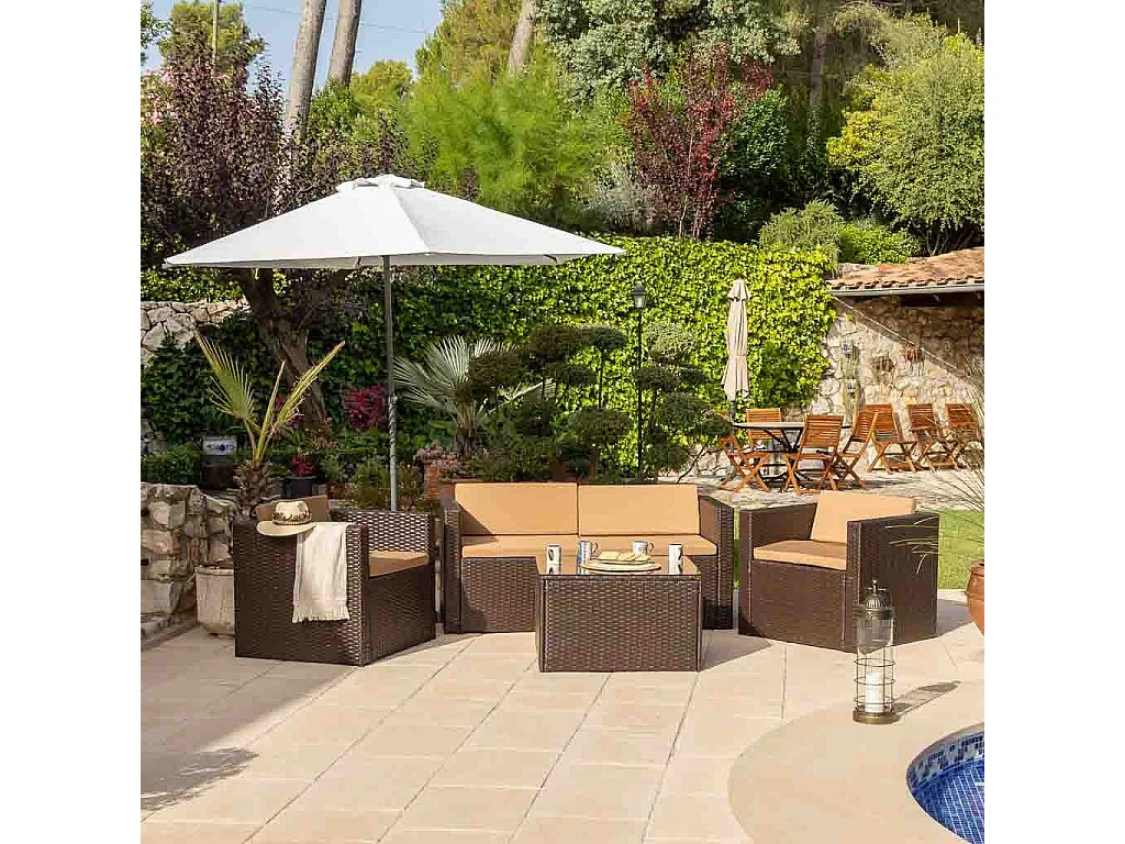 Set conjunto mesa, sofà y 2 sillones color marrón