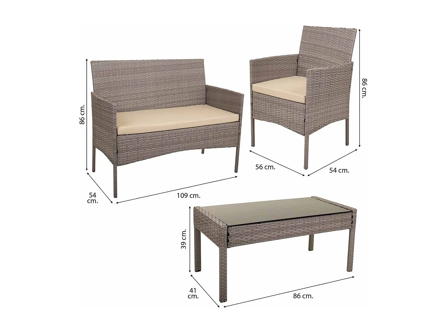 Set tavolo grigio, divano e 2 poltrone