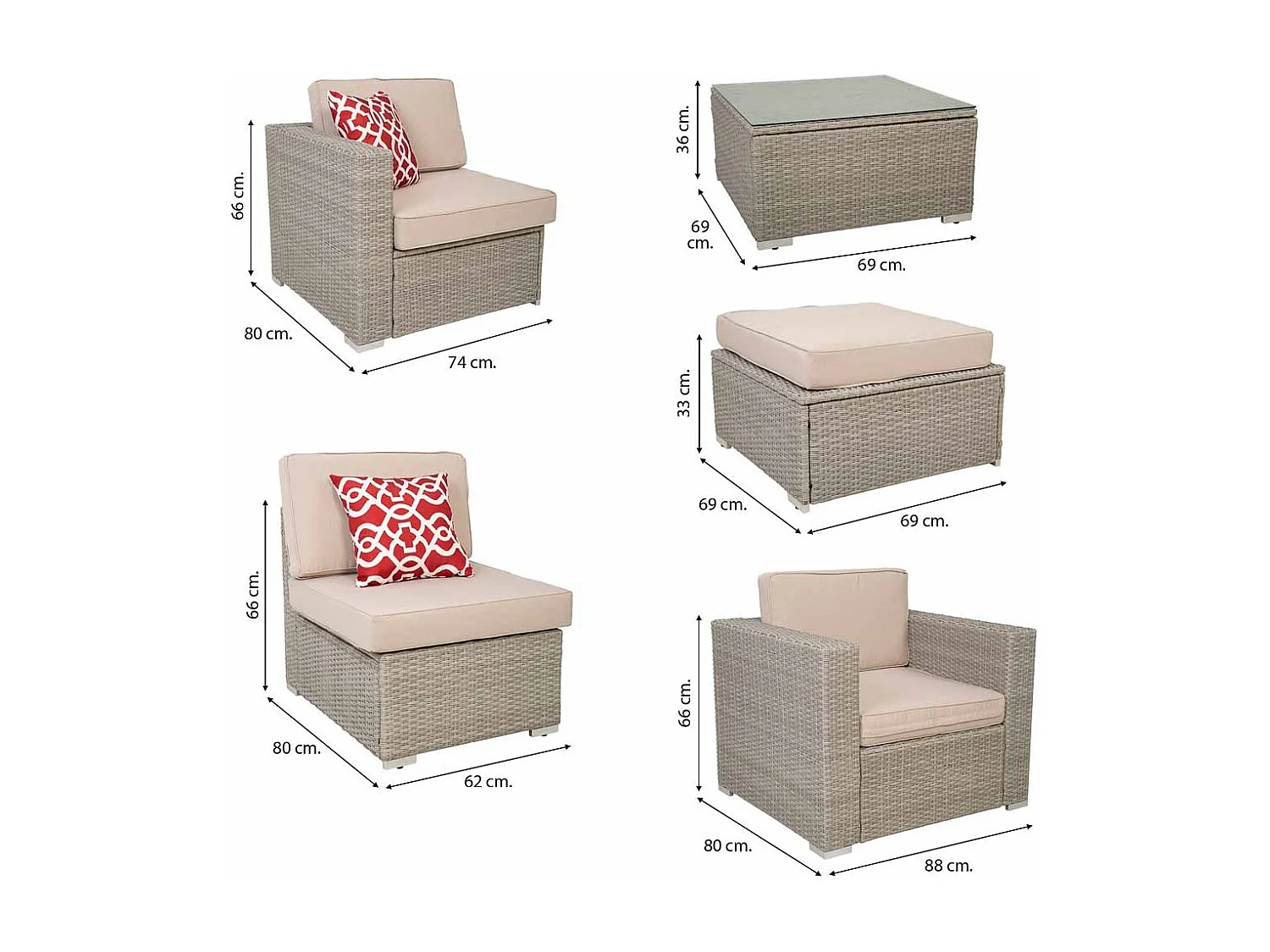 Set tavolo, divano, poltrona e poggiapiedi