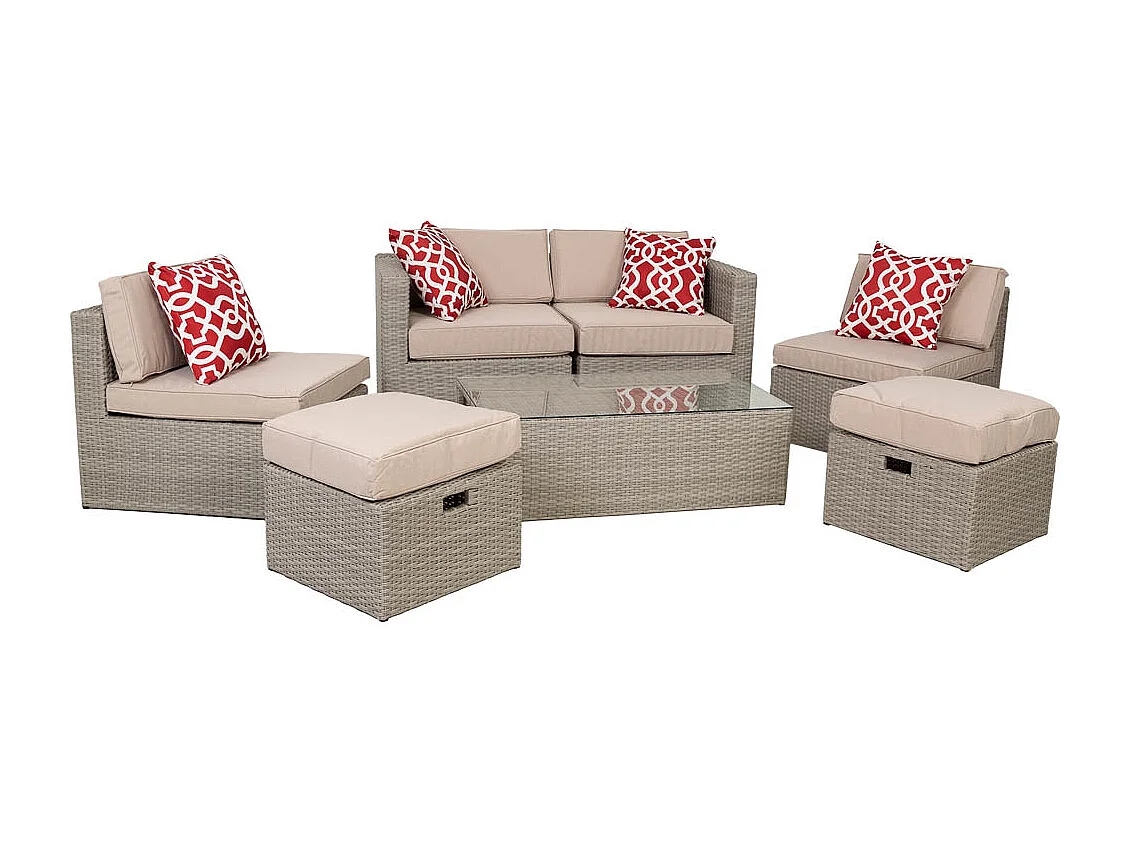 Mesa cinza, conjunto de sofás, 2 poltronas e 2 apoios para pés