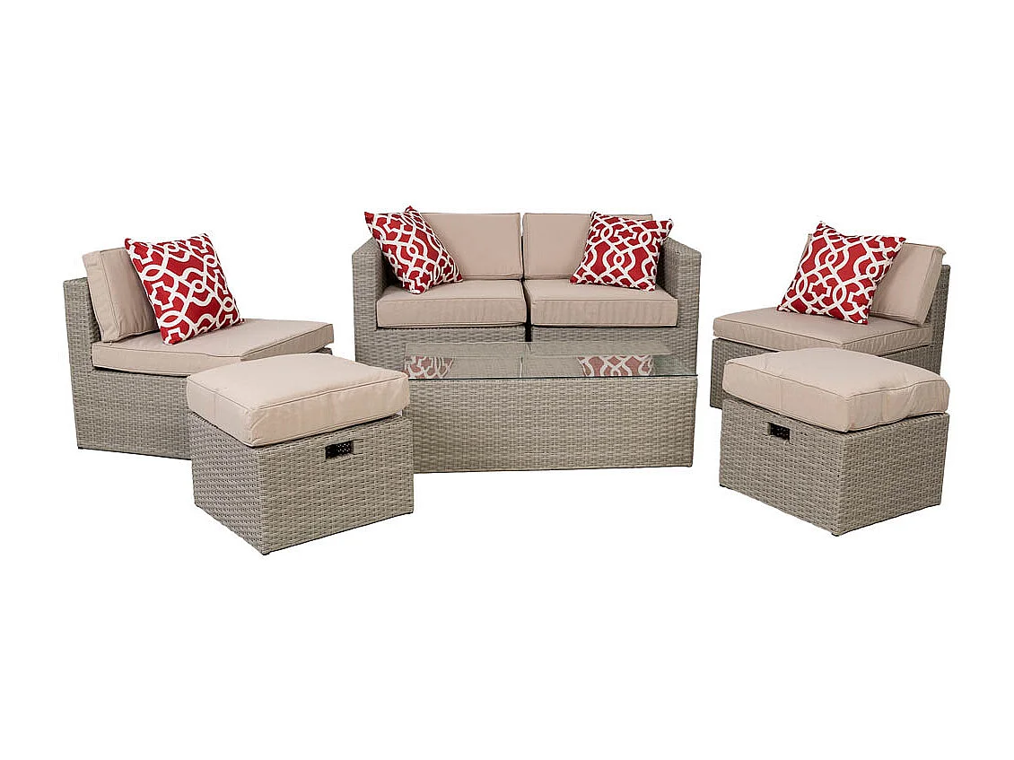 Mesa cinza, conjunto de sofás, 2 poltronas e 2 apoios para pés