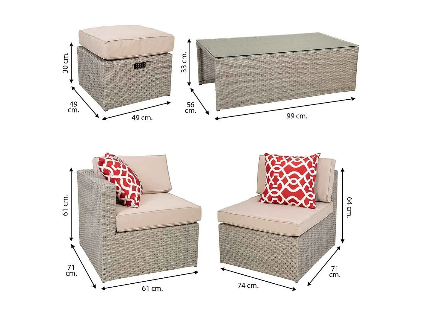 Mesa cinza, conjunto de sofás, 2 poltronas e 2 apoios para pés