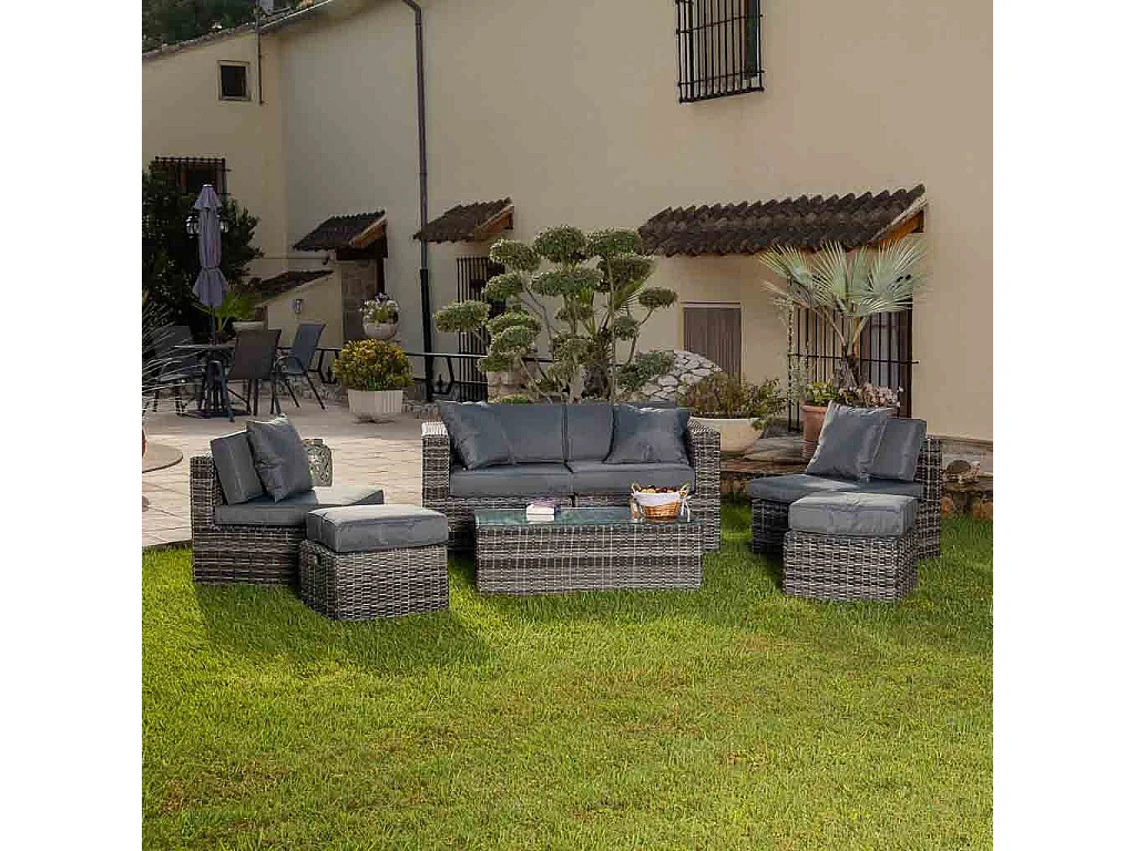 Set tavolo grigio, divano, 2 poltrone e 2 poggiapiedi