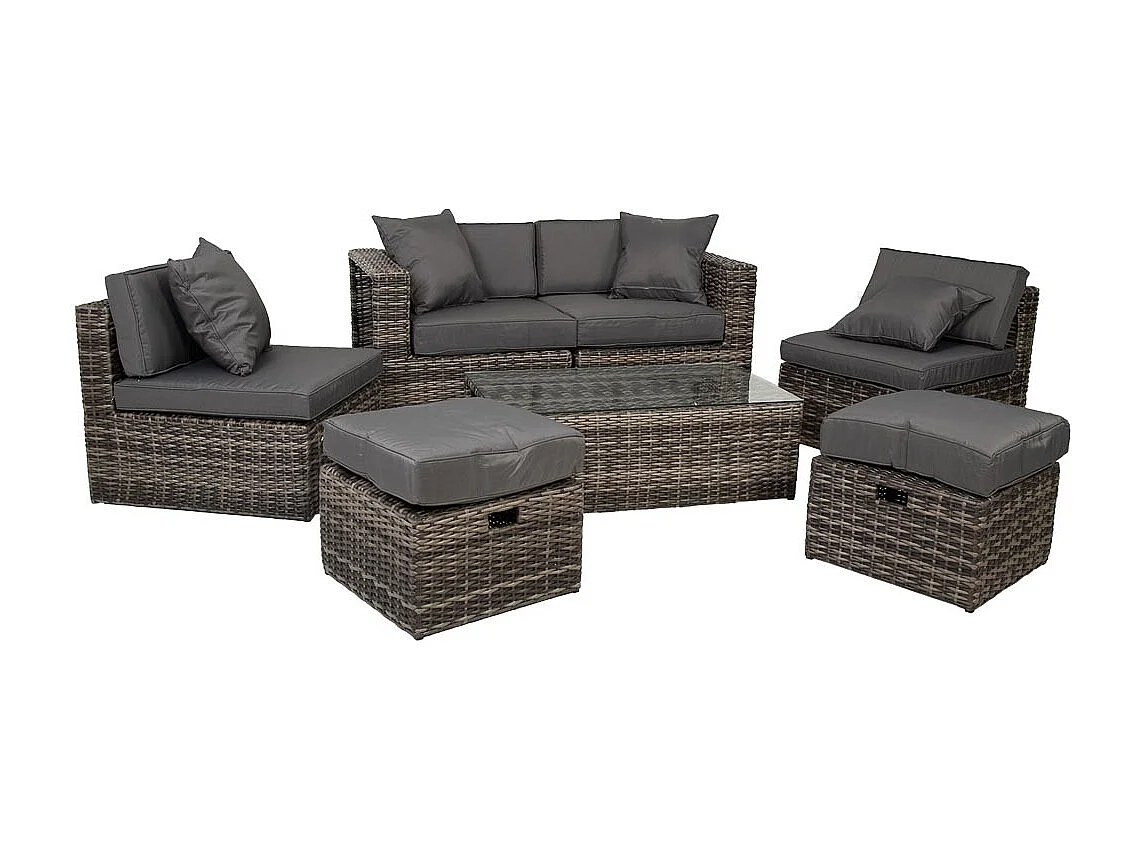 Set tavolo grigio, divano, 2 poltrone e 2 poggiapiedi