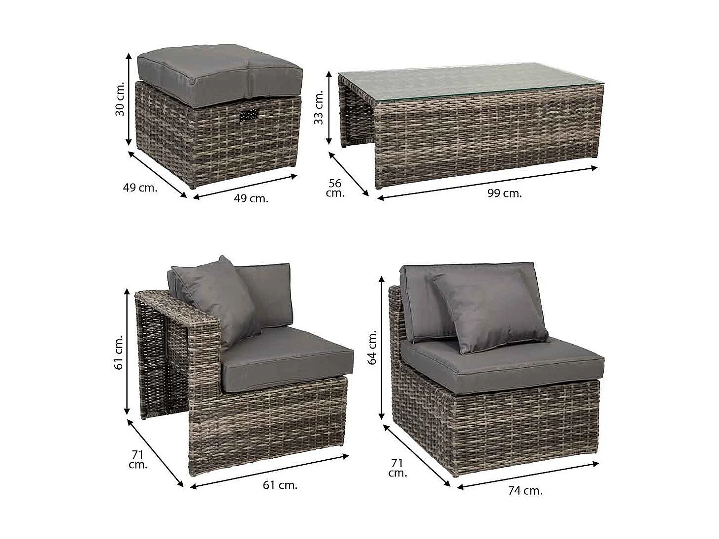 Set tavolo grigio, divano, 2 poltrone e 2 poggiapiedi