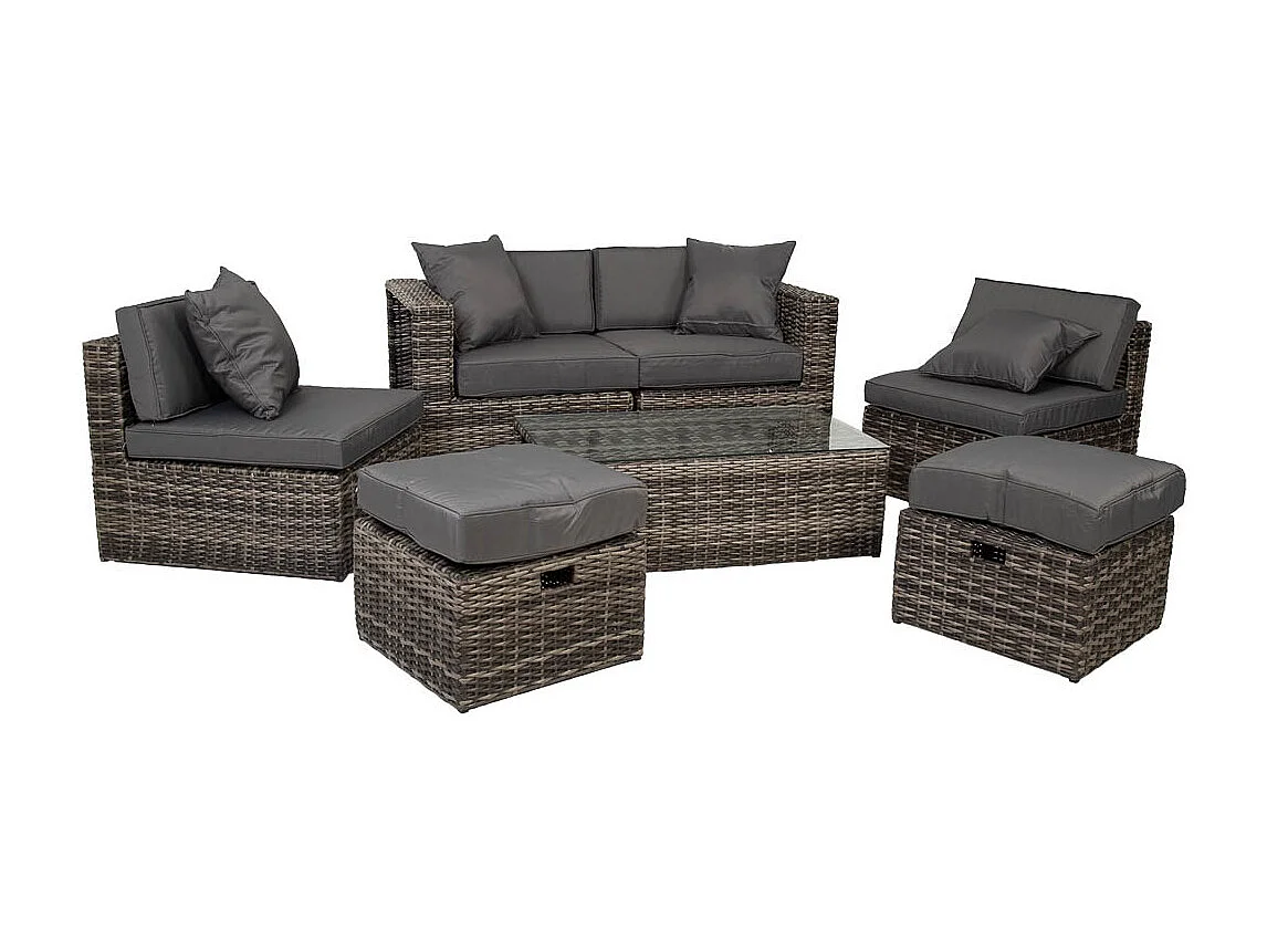 Set tavolo grigio, divano, 2 poltrone e 2 poggiapiedi