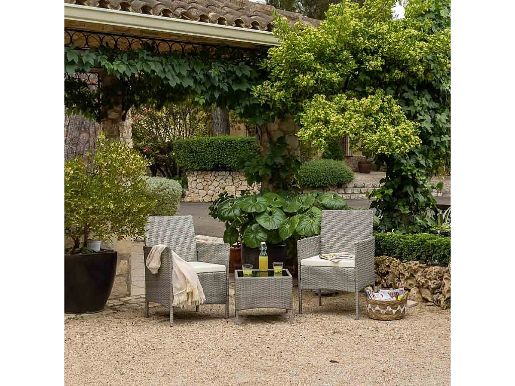 Set mesa y 2 sillones color gris