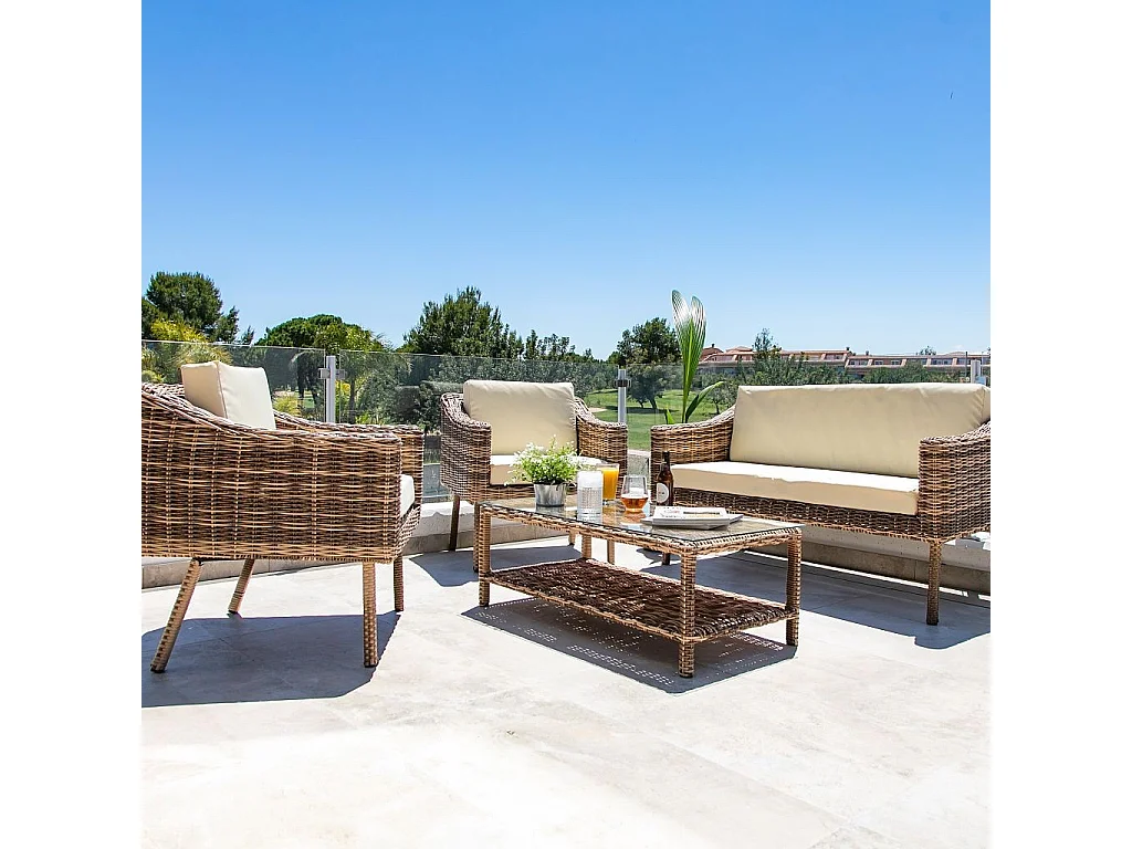 Ensemble table, canapé et 2 fauteuils de couleur marron