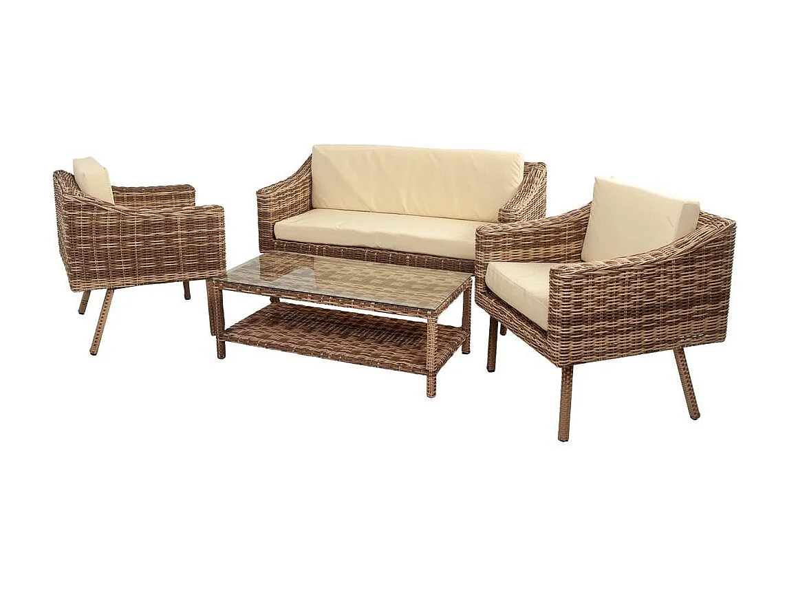 Gedeckter Tisch, Sofa und 2 braune Sessel