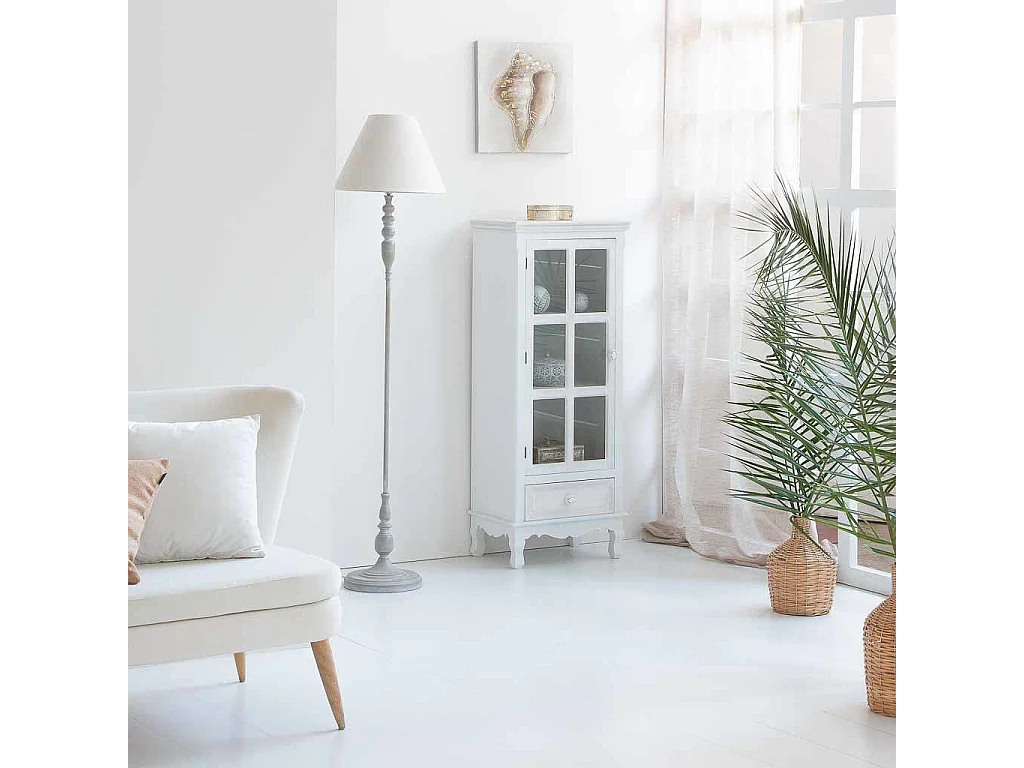 Vitrina em madeira e vidro com 1 porta e 1 gaveta branca 48x32x120