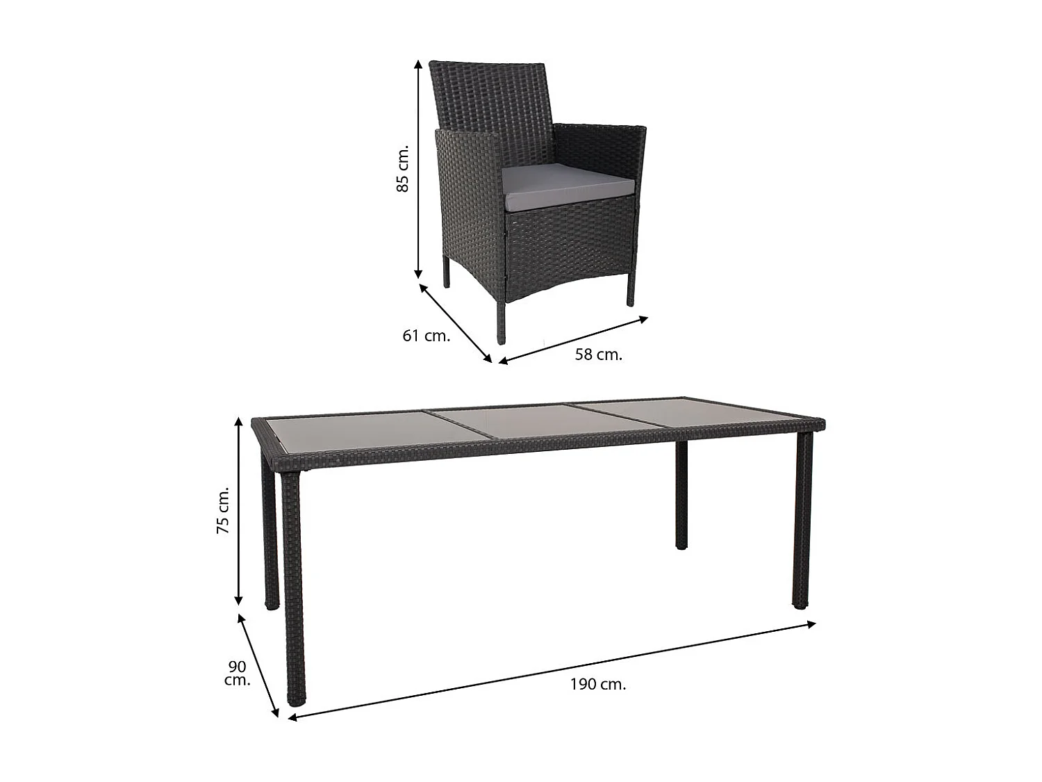 Schwarzer Tisch und 8 Stühle