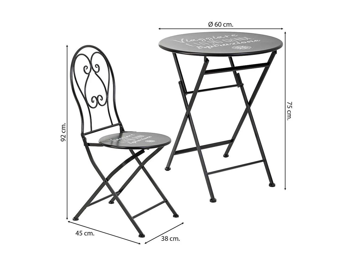 Tischset und 2 schwarze Schmiedeeisenstühle