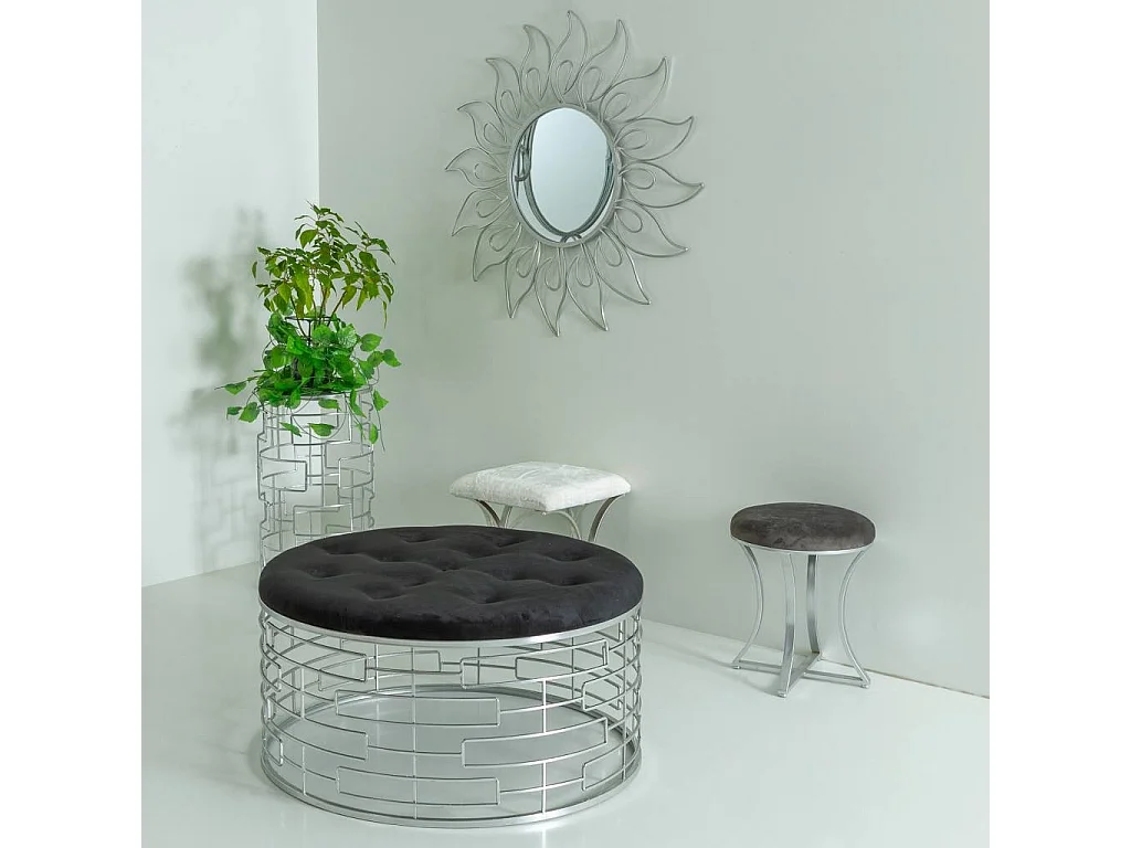 Banc rond en velours noir et métal argenté d91,5x47