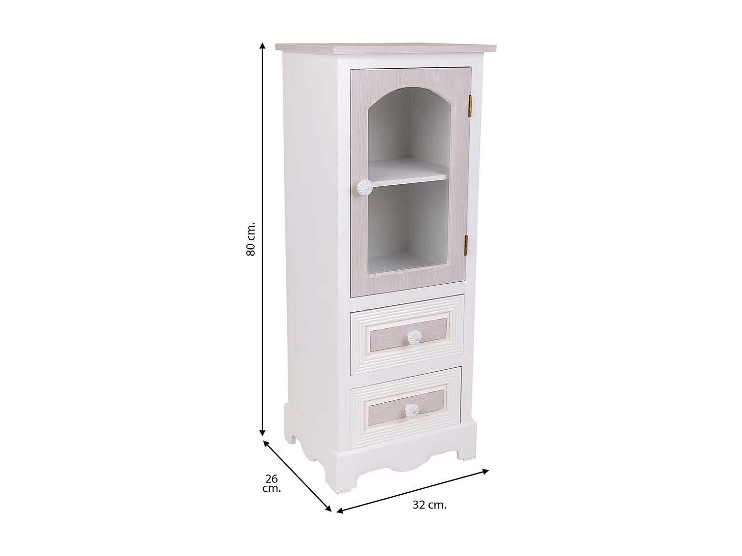 Vitrine en bois avec 2 tiroirs et 1 porte blanc 32x26x80