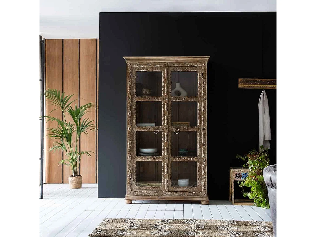 Braune handgefertigte Vitrine aus Glas und Holz, 106 x 43 x 180