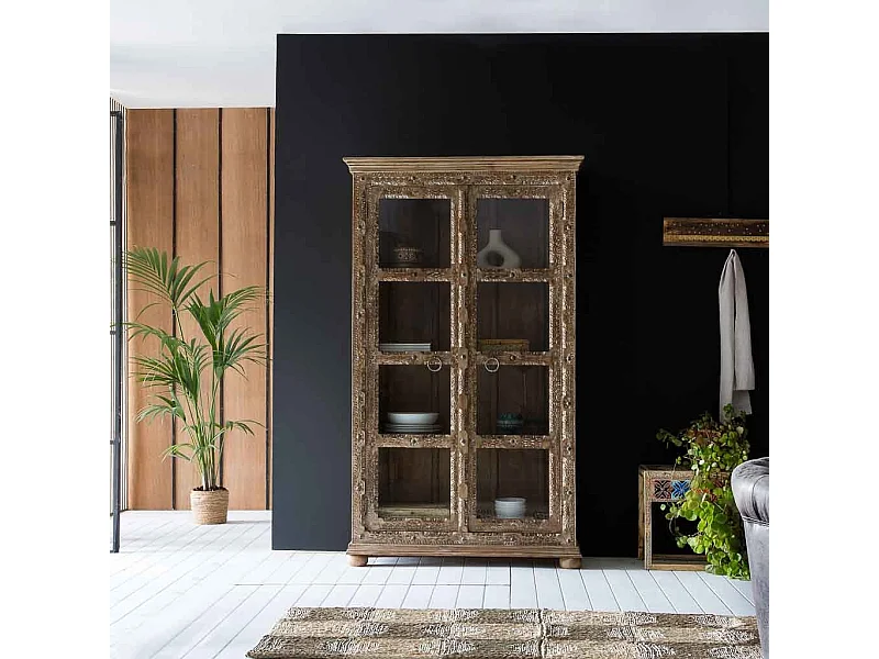 Vitrina de cristal y madera artesanal marron 106x43x180