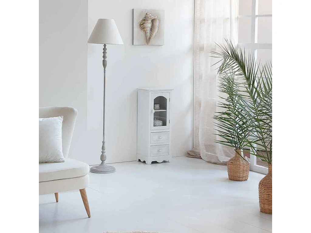 Vetrina in legno e vetro con 1 anta e 2 cassetti bianca 32x26x80