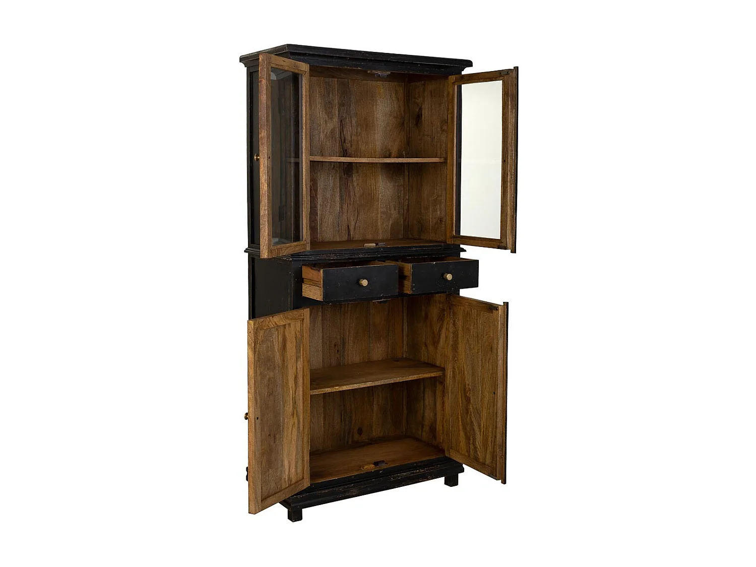 Vitrine en bois et verre finition artisanale avec 4 portes et 2 tiroirs noir 85x40x180