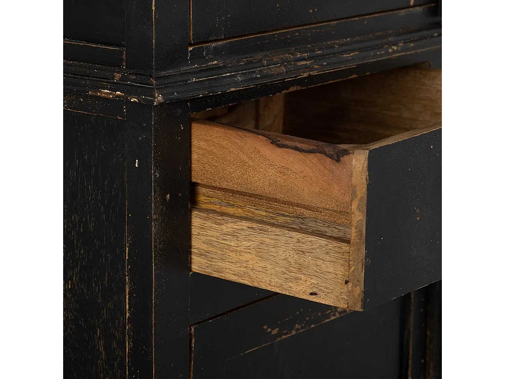 Vitrine en bois et verre finition artisanale avec 4 portes et 2 tiroirs noir 85x40x180