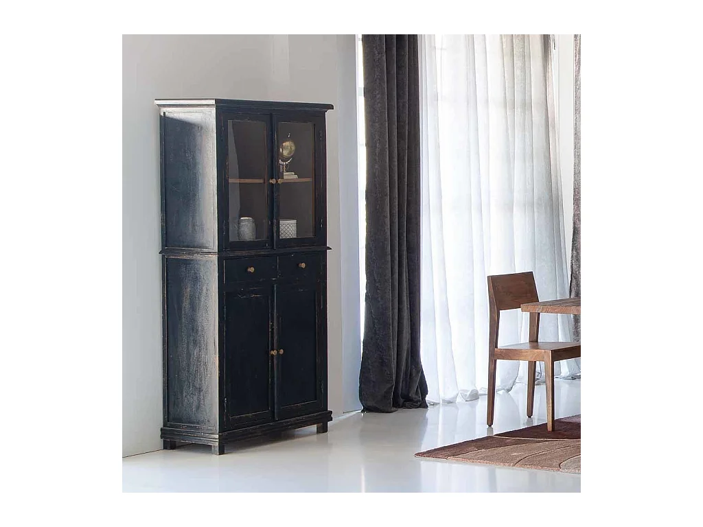 Vitrine aus Holz und Glas, 4 Türen 2 Schubladen in Schwarz 85x40x180