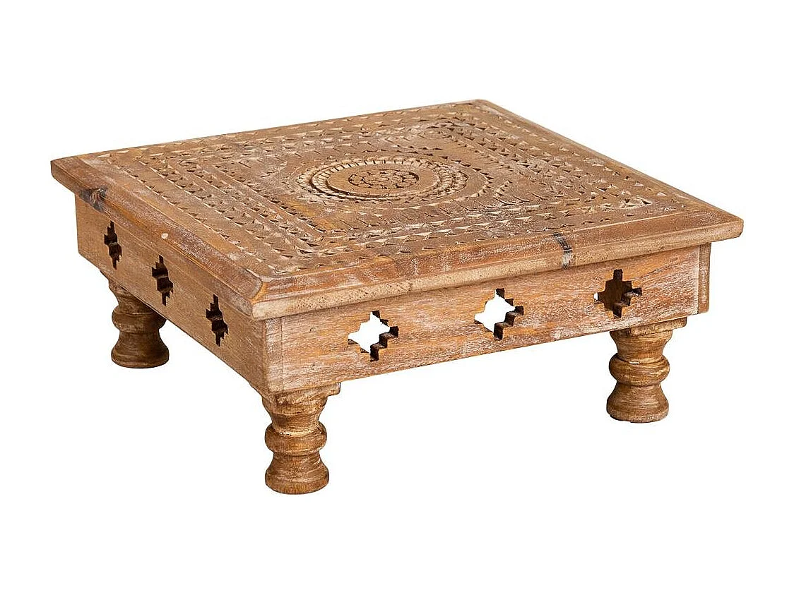 Table de centre en bois sculpté finition artisanale 33x33x14